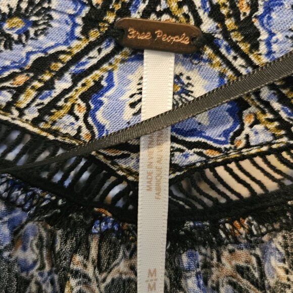 Free People Black Combo V-Neck Peasant Blouse Top Dress Womens Size Medium - Picture 3 of 5